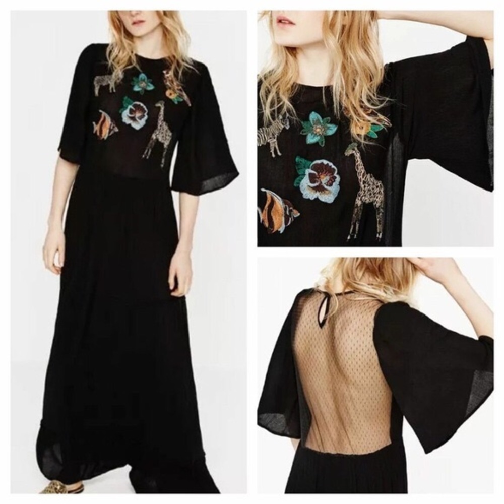 Zara Safari Animal Embroidered Beaded Gauze Sheer Back Black Maxi Dress size S/M